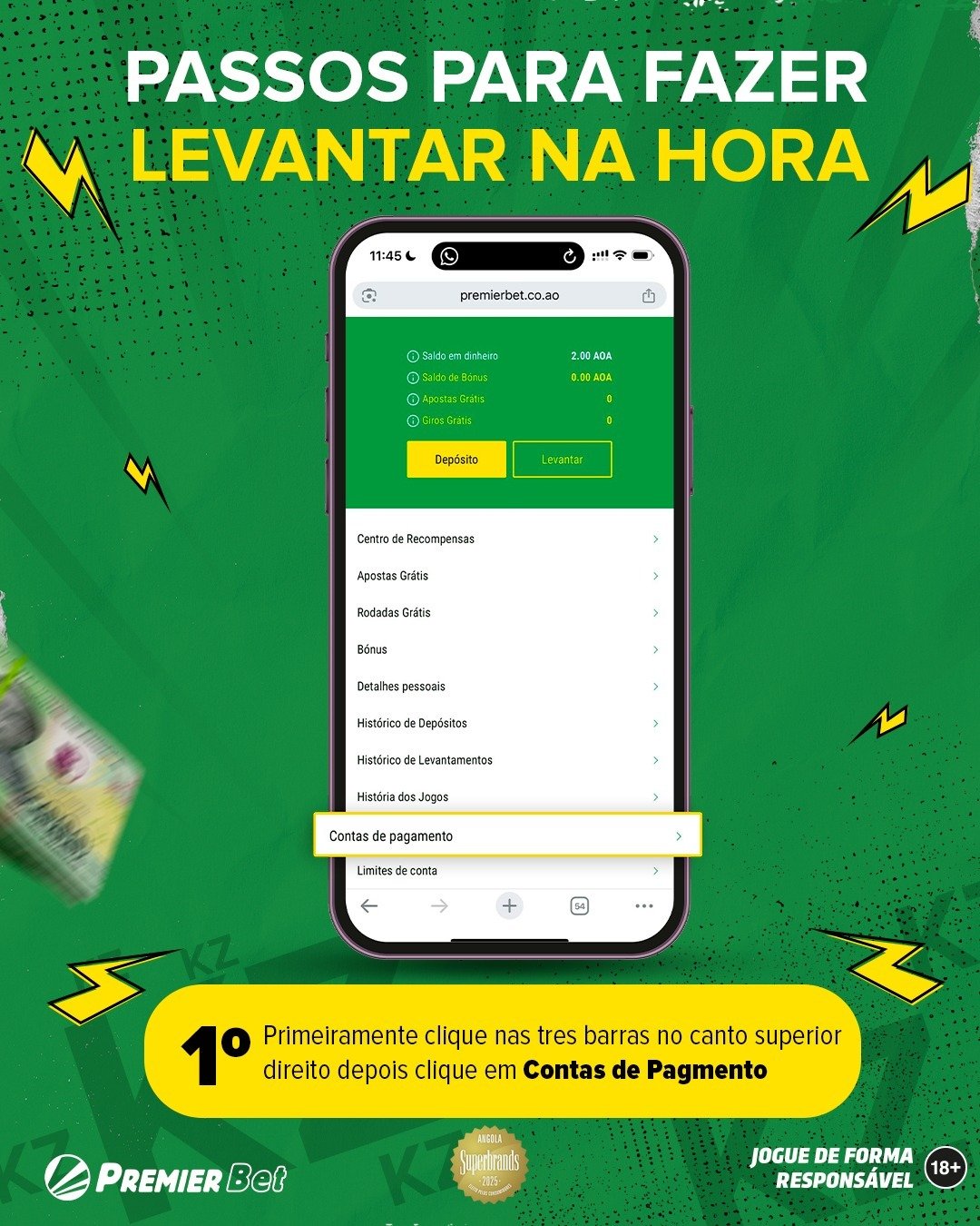 Passo 1 – Contas e pagamentos na Premier Bet Angola