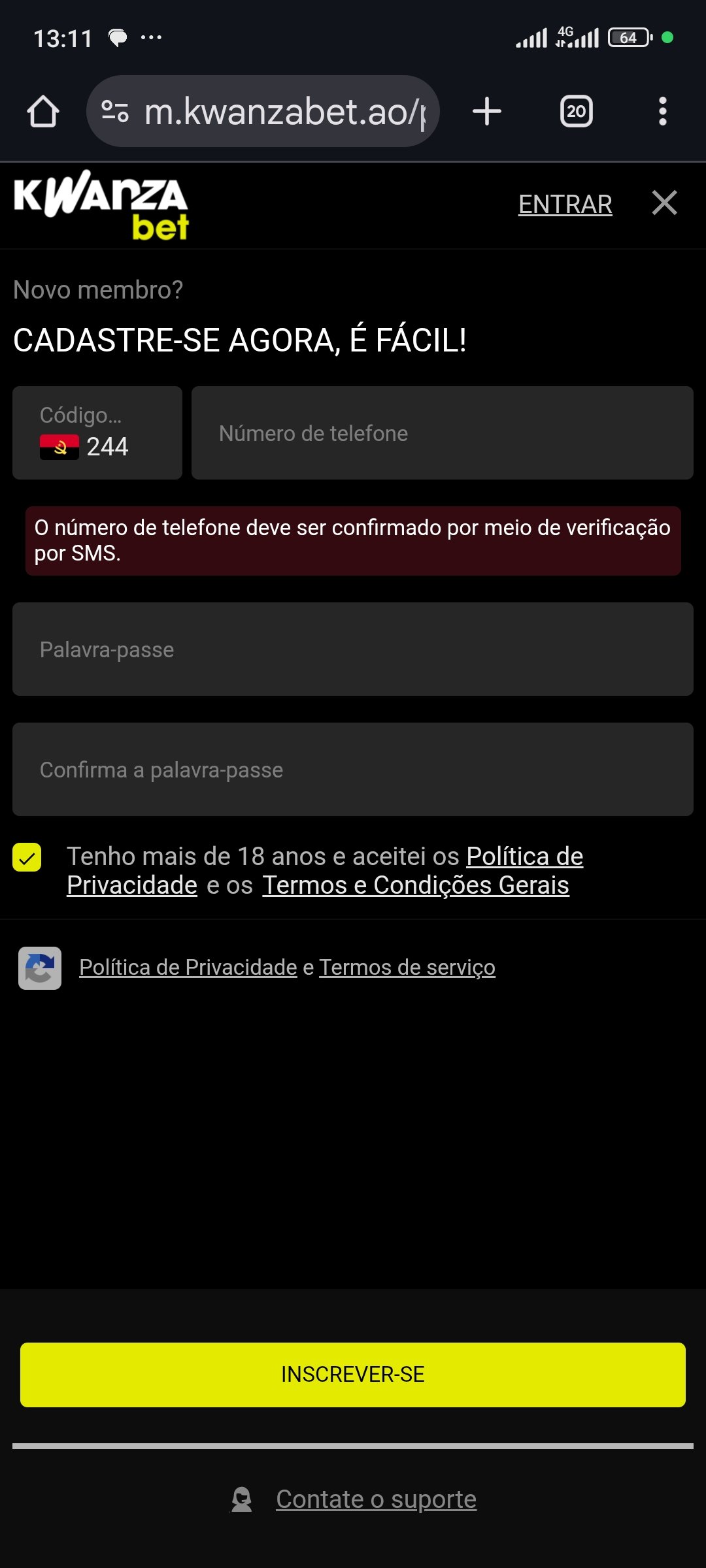 Formulário de registo Kwanza Bet Angola